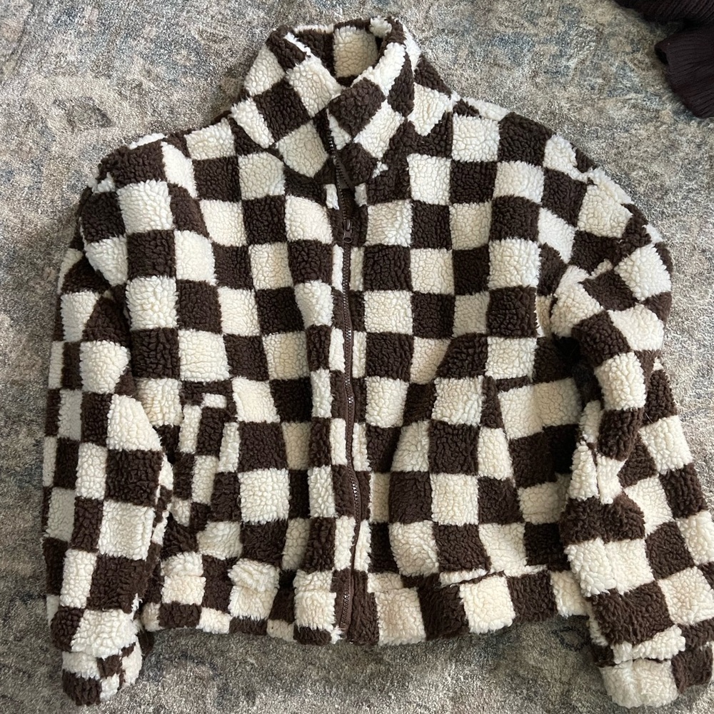 NWOT checker print teddy jacket